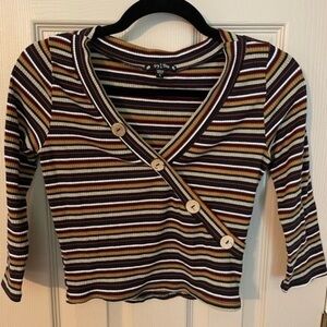 Try this Wrap-Look Ribbed Striped 3/4 Sleeve Cropped Top.